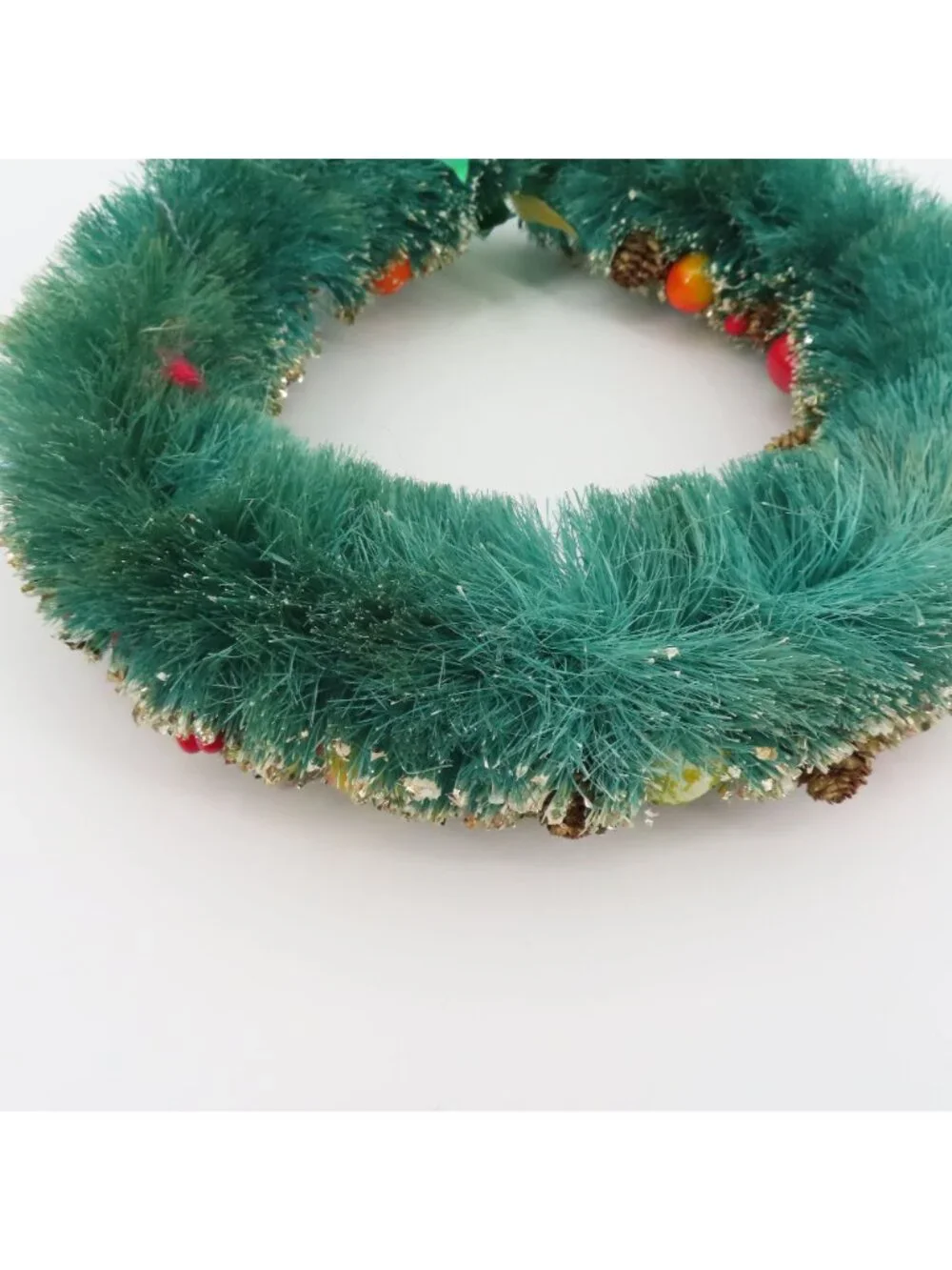 VTG Green Bottle Brush Wreath 12in Gold Flocked Multicolor Fruit Pinecone Retro